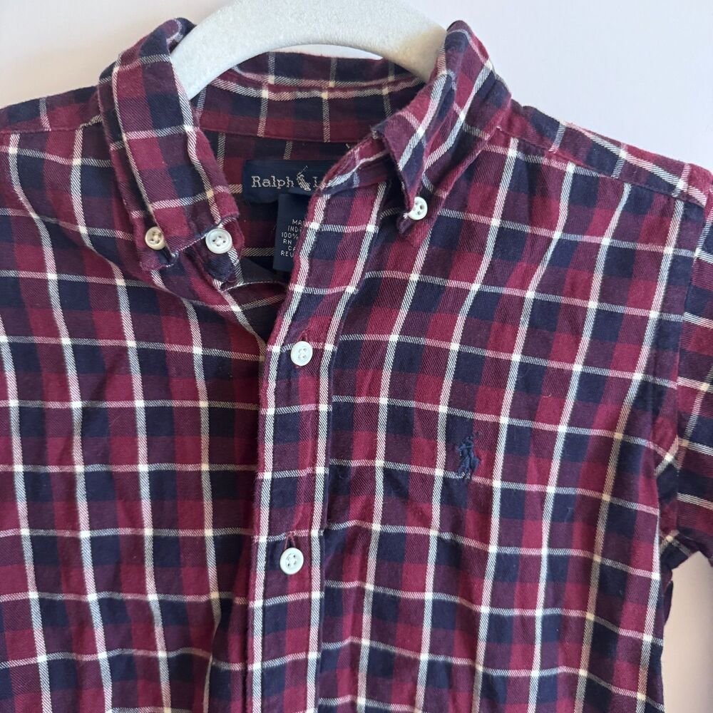 Boys 6 Ralph Lauren Red/Navy/White Plaid Long Sleeve Button Down Shirt VGUC